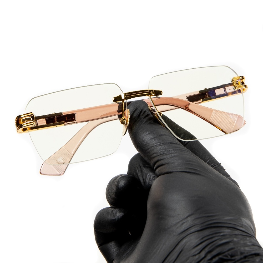 Men's Gold Frame Pink Arm Rimless Vintage Y2K Fashion Clear Lens Glasses
